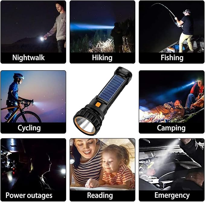 Solar/Rechargeable Multi Function 1000 Lumens LED Flashlight, with Emergency Strobe Light and 1200 Mah Battery, Emergency Power Supply and USB Charging Cable, Fast Charging (8PC)