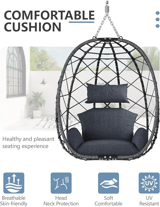 SWITTE Hanging Egg Chair with Stand, Outdoor Swing Egg Chair with Footrest, Patio Hammock Chair with Cushion for Garden Backyard-Dark Grey