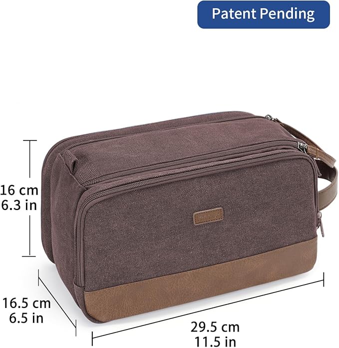 WANDF Toiletry Bag for Men Travel Toiletry Organizer Canvas and Leather Dopp Kit Water-Resistant Shaving Bag for Travel Accessories (Brown, Large)