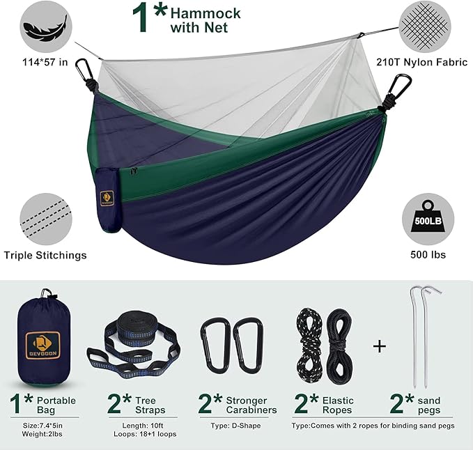 Camping Hammock with Net,Travel Portable Lightweight Hammocks with Tree Straps and Solid D-Shape Carabiners,Parachute Nylon Hammock for Outsides Backpacking Beach Backyard Patio Hiking