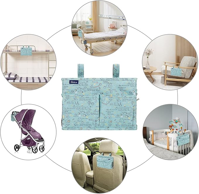 Surblue Bedside Caddy Hanging Bed Organizer Storage Bag Pocket for Bunk and Hospital Beds, College Dorm Rooms Baby Bed Rails,Camp Chiars,Wheelchair Side Bag,4 Pockets and 2 Hooks (Cartoon)