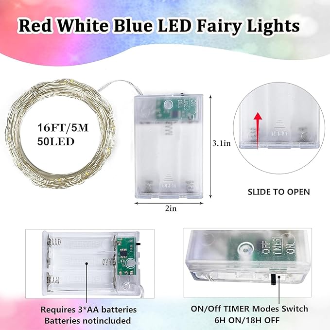 4th of July Decorations, 4-Pack Red White and Blue Fairy Lights Battery Operated with Timer, Waterproof 16FT 50 LED Starry String Lights Indoor Outdoor for Independence Day Memorial Day DIY Home Decor