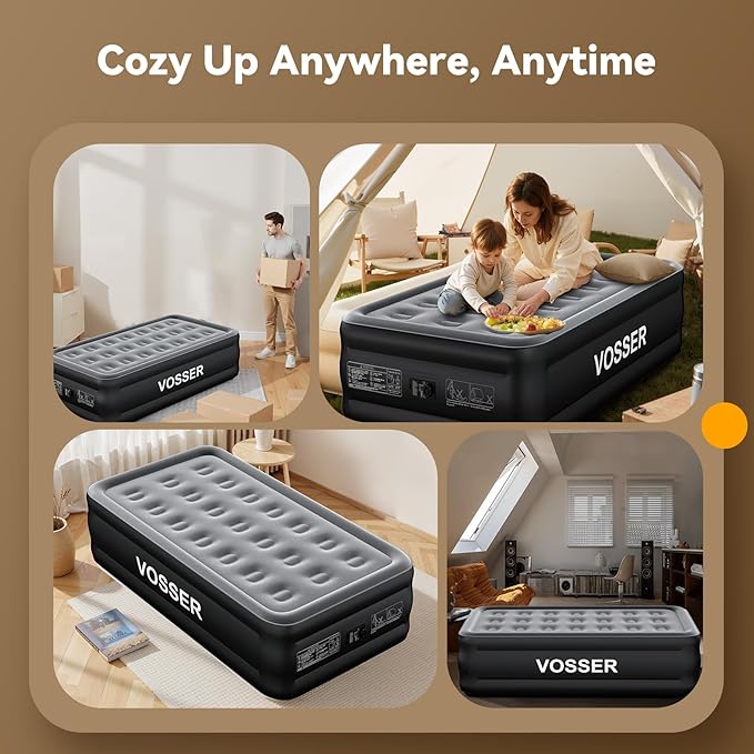 Air Mattress Twin with Built in Pump,18” Raised Blow Up Mattress,Inflatable Mattress in 2 Mins,Single Twin Size Air Mattress for Home,Floor&Camping, Air Bed for Adults,330LB Max,Black