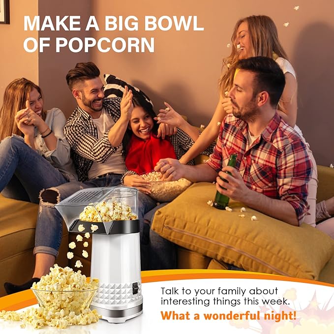 Fast Hot Air Popcorn Popper Maker with Measuring Cup, No Oil, Electric Popcorn Machine with On/Off Switch for Family Movie Nights, Parties, Popcorm Poppers for Home-Diy, 4.5 Quarts, Etl Certified