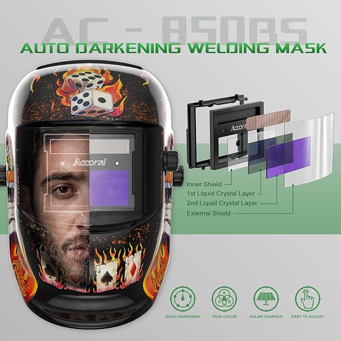1/1/1/1 Large Viewing Auto Darkening Welding Helmet True Color Solar Powered Weld Hood Wide Shade 4/8.5-12.5 for TIG MIG Arc
