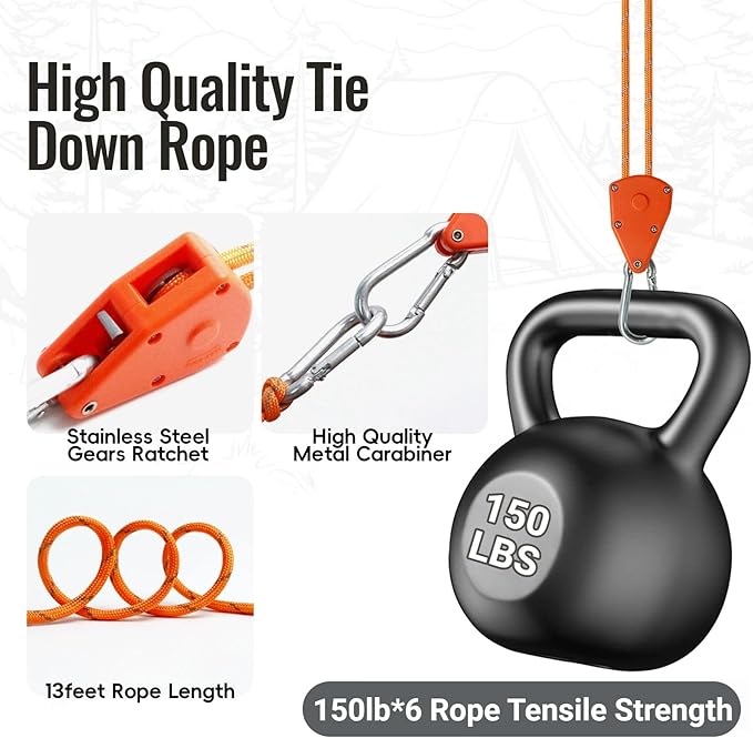 13ft Adjustable Outdoor Windproof Rope Ratchet Strap Tie Down Straps Small Mini Reflctive Paracord Rope Tent Hanger Grow Light Kayak 5/32" Orange 6 Pack