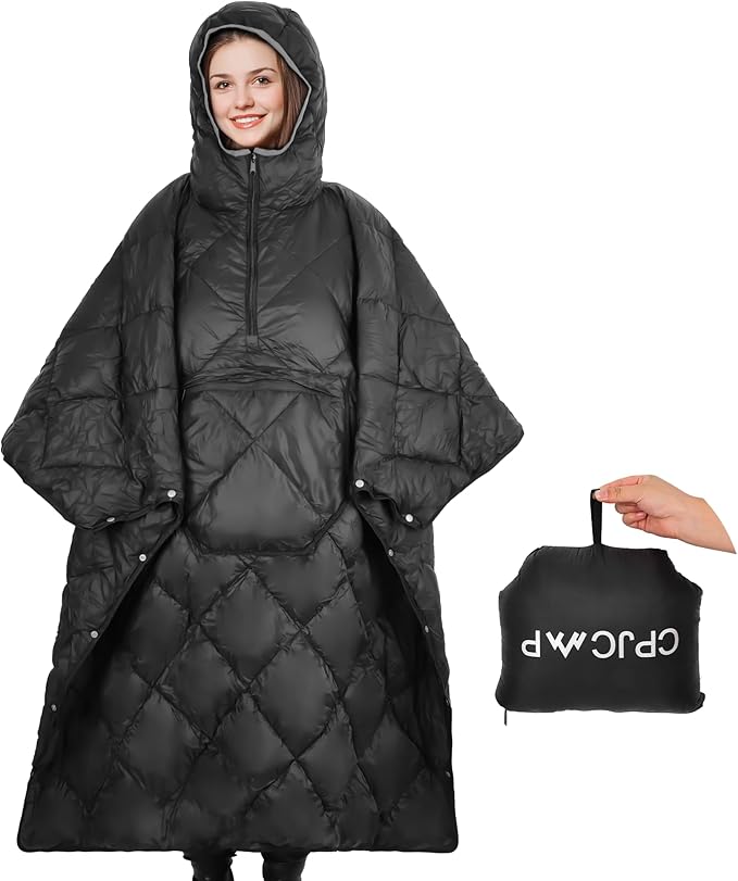 Wearable Camping Blanket Honcho Poncho - Stadium Blanket, Sleeping Bag for Adults, Packable Ultralight Warm & Waterproof for Cold Weather,Sports, Outdoor Camping, Hiking - Black