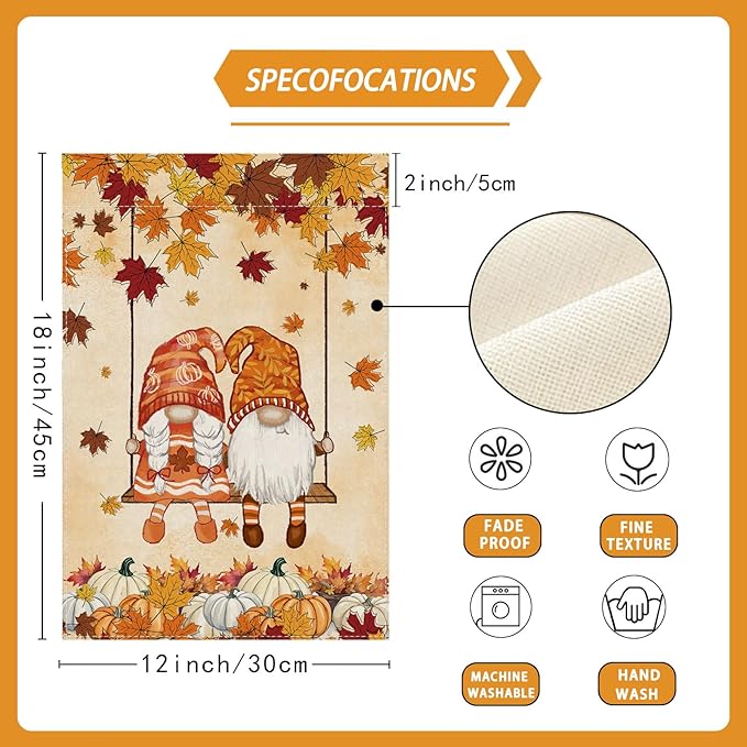 Fall Gnomes Swing Maple Leaves Pumpkins Autumn Garden Flag Yard Flag 12x18 Inch Double Sided Small Mini Yard Outdoor Outside Farmhouse Holiday Decoration