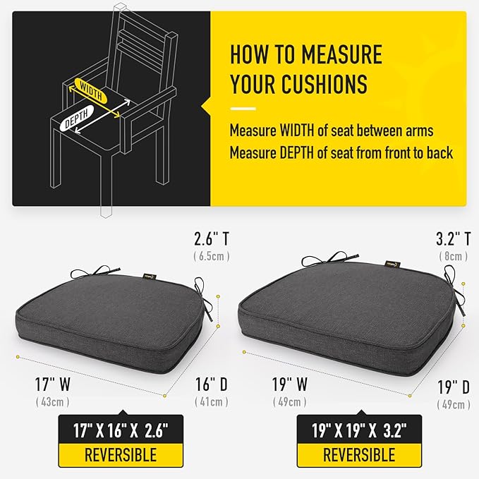 SUNROX Gel Memory Foam Chair Cushions, FadeShield Water-, Stain-Resistant Durable Reversible Seat Cushion Pads with Ties for Indoor/Outdoor Kitchen Dining Office 17"x16" Set of 2, Midnight