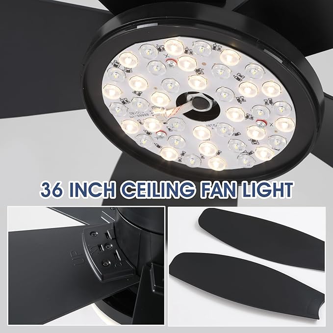 Ceiling Fans with Lights-36 Low Profile Ceiling Fan with Light and Remote/APP Control,Flush Mount,DC Reversible,LED Dimmable Black Ceiling Fans for Bedroom,Indoor/Outdoor Patio Use