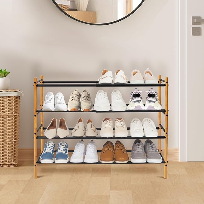 STORAGE MANIAC Expandable Shoe Rack, 12 Pairs Stackable Small Shoe Rack, Metal Adjustable Shoes Organizer for Closet, Entryway, Hallway, Garage, Front Door, Shoes Shelves, Bamboo 3 Tier