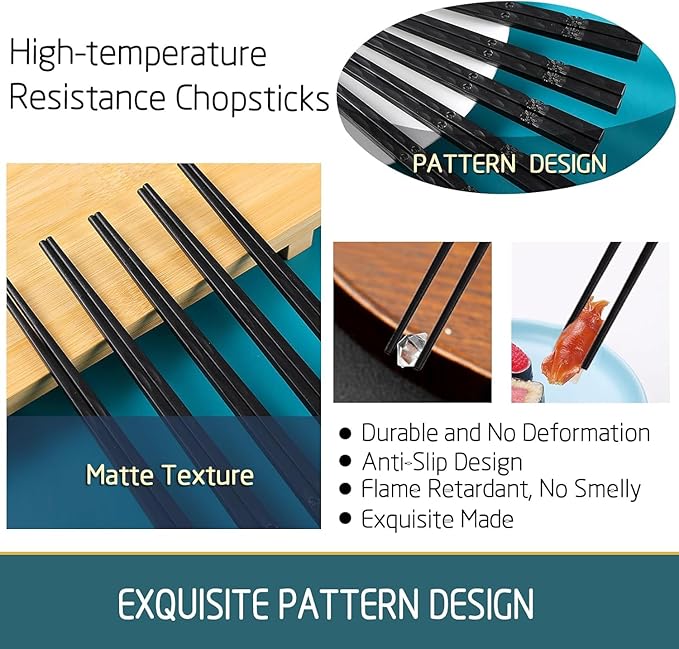 200 Pairs Bauhinia Fiberglass Sushi 24cm/9.4 Inch Dishwasher Safe Non-Slip Chopsticks,Japanese Style Black for Restaurant & Party.