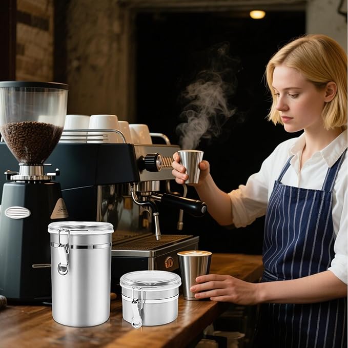 Airtight Coffee Canister, Coffee Storage Containers, Stainless Steel Kitchen Food Storage Jar for Grounds Coffee, Beans, Tea, Sugar, Flour, Cereal (Silver-1.8L*1+1.2L*2)