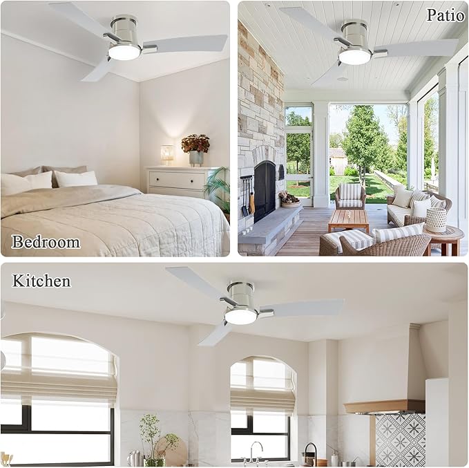 52 Inch Ceiling Fans with Lights and Remote, Brushed Nickel Low Profile Ceiling Fan with Light,Reversible,Flush Mount,6 Speeds,3CCT Dimmable,for Bedroom,Living Room,Indoor Patio