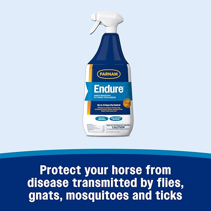 Farnam Endure Sweat-Resistant Fly Spray for Horses, Lasts Up to 14 Days, Protects Against Flies, Gnats, Mosquitoes, Ticks & Lice, 32 oz.