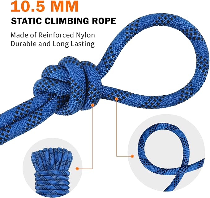 AOLEBA 10.5 mm Static Climbing Rope 10M(32ft) 20M(64ft) 30M(96ft) 50M(160ft) 70M(230ft) Outdoor Rock Climbing Rope, Escape Rope Ice Climbing Equipment Fire Rescue Parachute Rope