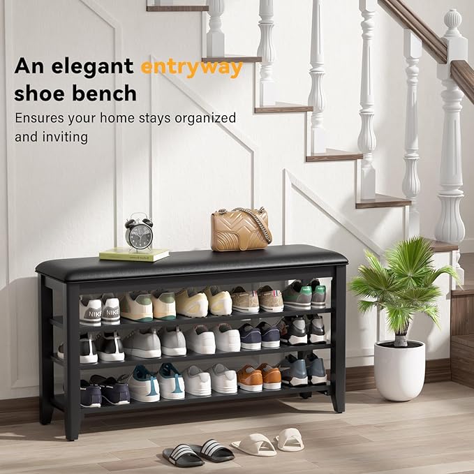 Shoe Rack Bench Entryway Storage with Leather Cushion, Shoe Organizer Bench for Entryway, Ideal for Front Doors Entrances Hallway Mudroom Featuring Rubberwood And 3 Height-Adjustable Removable Shelve
