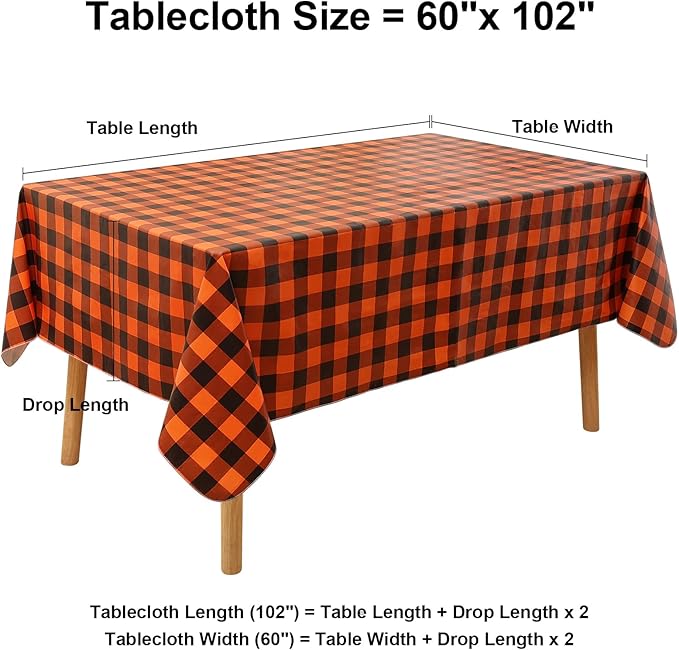 misaya Rectangle Waterproof Vinyl Table Cloth, Buffalo Flannel Backed Tablecloth, Wipeable Plastic Table Cover for Dinner, Kitchen, Picnic (60" x 102", Orange and Black)