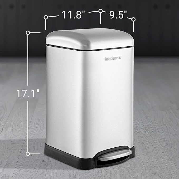 happimess HPM1012A Betty Retro Mini 3.2-Gallon Step-Open Trash Can with Soft-Close Lid, Modern, Minimalistic, Fingerprint Proof for Home, Kitchen, Laundry Room, Office, Bedroom, Bathroom, Chrome
