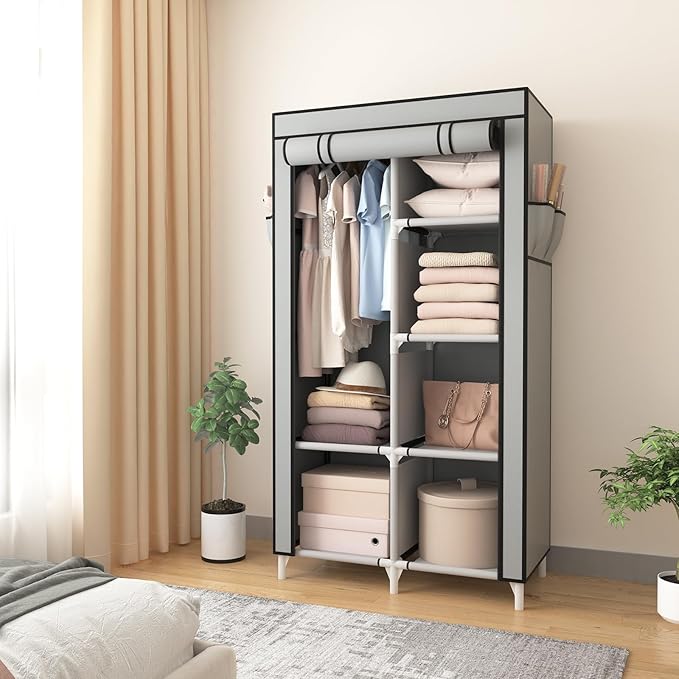 ROJASOP Portable Closet Wardrobe Closet for Hanging Clothes with 6 Storage Shelves, 1 Hanging Rod and 4 Pockets, Clothes Organizer and Storage Wardrobe Free Standing Closet for Bedroom, Grey