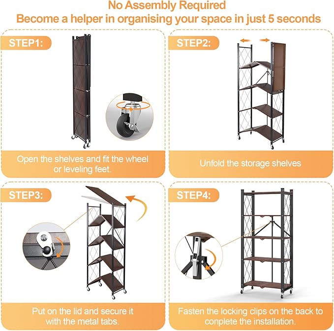 5-Tier Foldable Storage Shelves with Wheels, Folding Metal Shelf Unit, Folding Bookshelf no Assembly, Collapsible Shelves for Craft Shows for Kitchen, Bedroom, Living Room, Rustic Brown