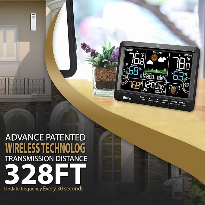 Weather Station Wireless Indoor Outdoor Thermometer with Heat Dew Mold, Thermometer Inside Outside Atomic Clock with Pressure Black