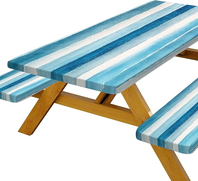 3 Pcs Picnic Table Cover with Bench Covers, 6ft Sky Blue Navy Blue Grey Stripe Elastic Edge Reusable Waterproof Table Cloth, 72x30in Fitted Picnic Tablecloth for Camping Patio Travel RV Essentials