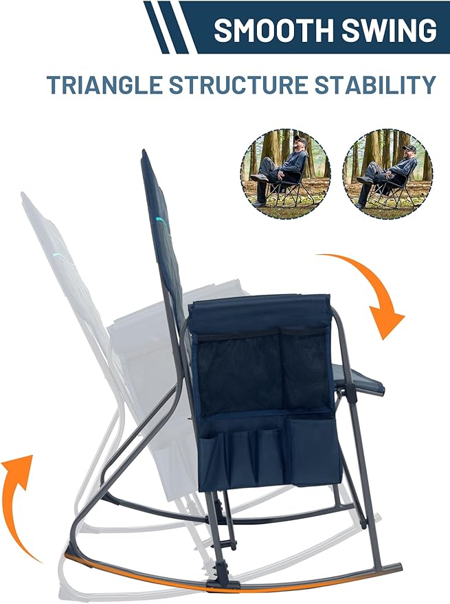 TIMBER RIDGE Folding Rocking Camping Chair, 400lbs Capacity Portable Oversized Outdoor Rocker with Hard Armrests, Cup Holder & Side Pocket, Quick-Fold Design for Outdoor, Patio, Lawn, Blue