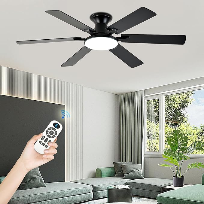 Ceiling Fans with Lights,54 Inch Low Profile Ceiling Fan with Light and Remote Control,6 Speeds/6 Blade,Flush Mount,LED Dimmable DC Reversible Modern, Black Ceiling Fan for Bedroom/Living Room