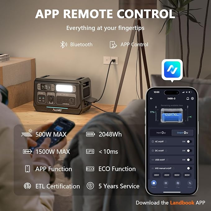 ALLWEI Solar Generator 2400W with 1x 200W Solar Panel, 2048Wh LiFePO4 Portable Power Station, Fast Charge in 1.5H, 4 AC Outlet, Expandable to 10240Wh for RV Camping Home Backup Outdoor Power Outage