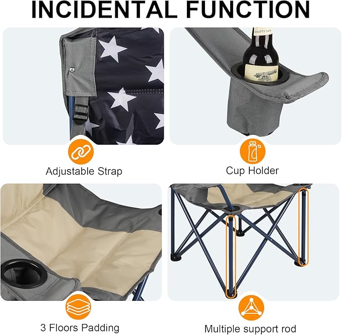 Colorsoul 2 Pack Folding Camping Chairs, Outdoor Lawn Chair Set of 2, Padded Camping Chairs w/Cup Holder & Carry Bag for Sports Garden Beach Terrace, American Flag
