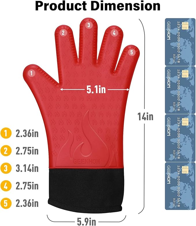 GEEKHOM Silicone Grilling Gloves, Heat Resistant Oven Mitts, BBQ Gloves, Waterproof Non-Slip for Barbecue, Cooking, Baking, Fryer, Red