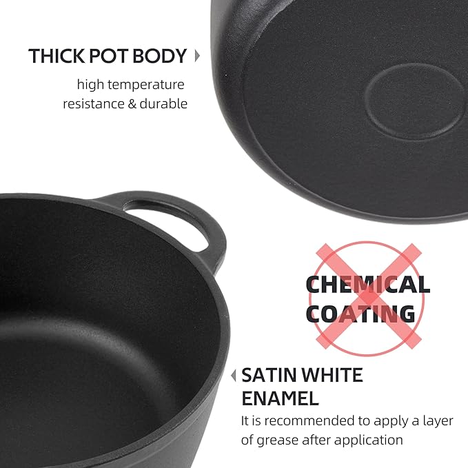 6 Quart Dutch Oven Enameled Cast Iron with Lid - Big Dual Handles - Oven Safe up to 500°F - Classic Round Pot for Versatile Cooking (Matte Black(No Enameled), 6 QT)