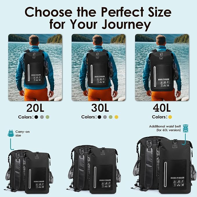 Dry Bag Backpack 20L/30L/40L- Roll Top Closure Bag - Heavy Duty Dry Bags Waterproof - Lightweight Durable Floating Dry Bag with IPX8 Waterproof Phone Case