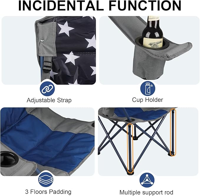 Colorsoul 2 Pack Folding Camping Chairs, Outdoor Lawn Chair Set of 2, Padded Camping Chairs w/Cup Holder & Carry Bag for Sports Garden Beach Terrace, American Flag