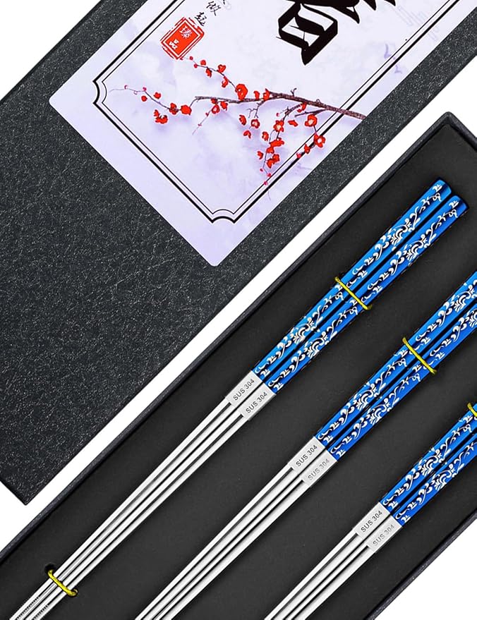 Metal Chopsticks Reusable, 3 Pairs Non-Slip Chop Sticks Reusable Dishwasher Safe, Titanium Plated Stainless Steel Chopsticks Present Set (Blue Silver)