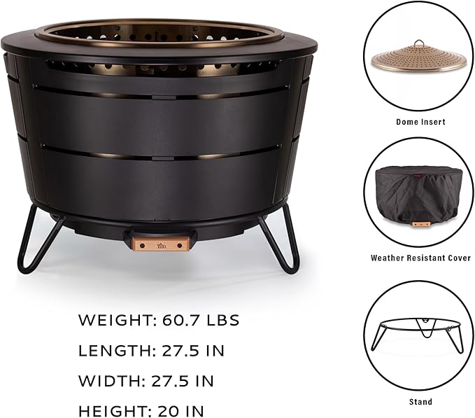 TIKI 27.5-Inch Smokeless Reunion Fire Pit, Large Outdoor Fire Pit for Gatherings, Wood Burning with Removable Ash Pan & Weather-Resistant Cover, Modern Black Design – Perfect for Patio & Backyard