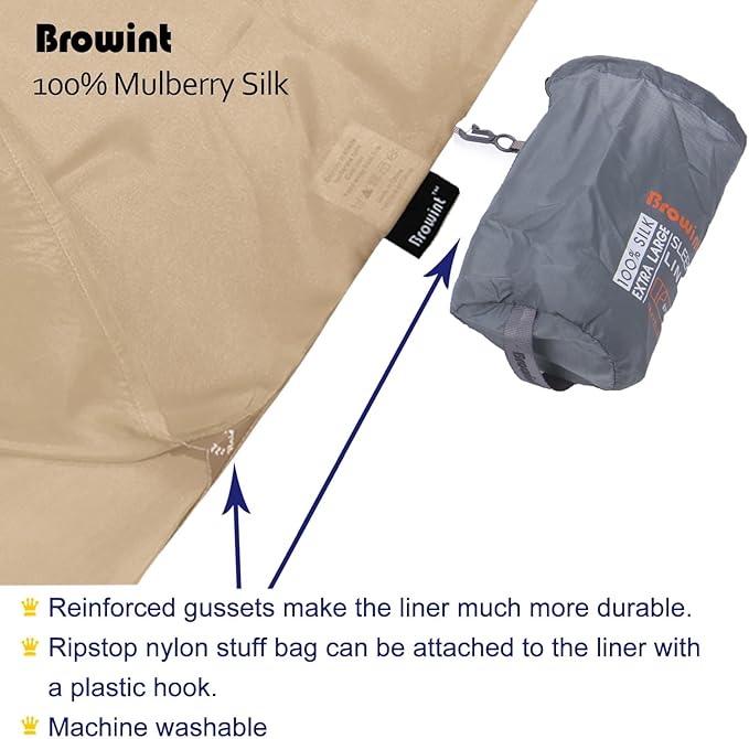 BROWINT Silk Sleeping Bag Liner, Silk Sleep Sack, Extra Wide 87"x43", Lightweight Travel Sheet for Hotels, More Colors for Option, Reinforced Gussets