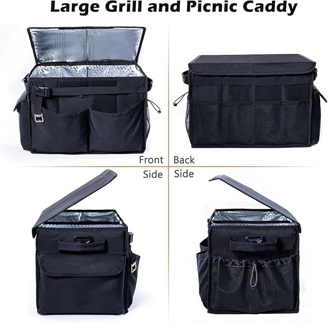 Large Grill Caddy with Lid β BBQ Organizer for Camping, Tailgating, RV, Boating β Grilling Gifts for Men β Collapsible Griddle Tote Bag with Shoulder Strap β Outdoor Essentials