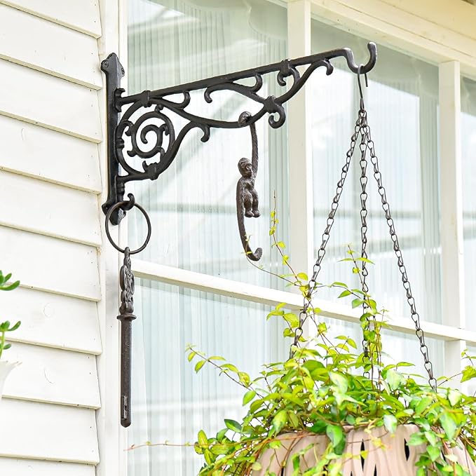 Sungmor Cast Iron Hanging Plant Bracket, 16.5" Large Outdoor Wall Plant Hangers, 2pcs Black Heavy Duty Hanging Basket Hooks, Decorative Hooks for Flower Pot, Lantern, Wind Chime, Hummingbird Feeder
