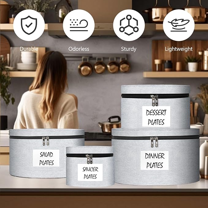 Anycosy China Storage Containers 4 Piece Set Moving Boxes for Dinnerware Stackable Moving Storage Box with Felt Plate Dividers Hard Shell Case for Organizing Dishes