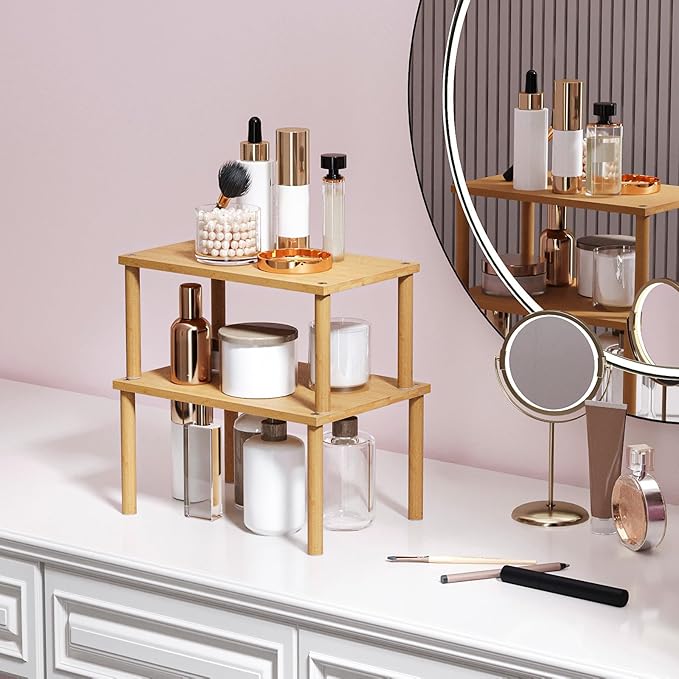 Cabinet Organizer Shelf(Set of 2),Kitchen Counter Shelves,Bamboo Stackable Expandable Spice Rack Countertop(Medium)