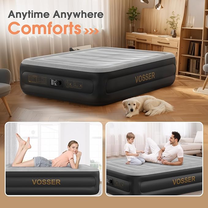 Air Mattress Queen with Built in Pump,20'' Inflatable Mattress 2 Mins Self-Inflation/Deflation,Thicker Blow up Mattress Leak-Proof,Flocked Top Air Bed with Storage Bag for Home, Camping & Guests
