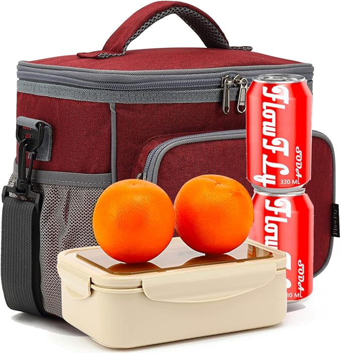 FlowFly Insulated Reusable Lunch Bag Adult Large Lunch Box for Women and Men with Adjustable Shoulder Strap,Front Zipper Pocket and Dual Large Mesh Side Pockets,Red