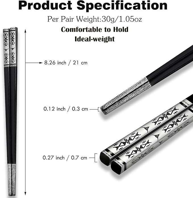 Metal Chopsticks Reusable 1 Pair Stainless Steel Travel Chopsticks Dishwasher Safe Square Lightweight Non-Slip Chop Sticks with case (Black)