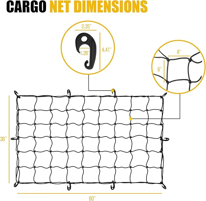 ARKSEN 36 x 60 Inch Heavy Duty Tangle-Free Nylon Cargo Net Universal Bungee Stretches with Storage Bag for Pickup Truck, Bed, SUV, & Rooftop Travel Luggage Rack