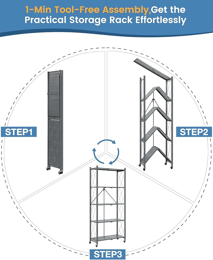 ALANNG 70.7" H Metal Storage Shelves, 5 Tier Folding Shelf on Wheels, Heavy Duty, No Assembly, Rolling, Collapsible Rack Unit for Kitchen, Basement, Pantry (Gray,3 Pack)