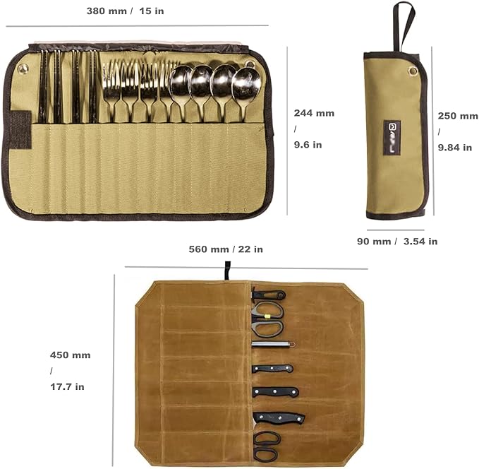 2pcs Camping Utensil Bag, Knife Roll Bag,Portable Knives Pouch,Canvas Roll Up Culinary Tableware Storage,Picnic Cutlery Organizer Bag,Cooking Utensils Hanging Bag,Travel Cutlery Pouch