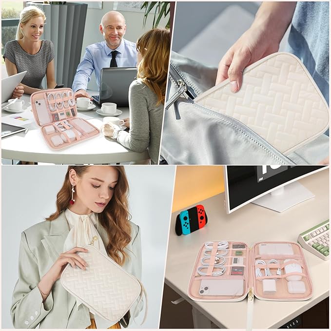 Electronics Organizer Travel Case, Charger Bag Cord Organizer Travel, Compact Tech Pouch Cable Organizer Bag for Charger, Cords, Phone, Headphones, Flash Drive, SD Card (Beige, Large-Single Layer)