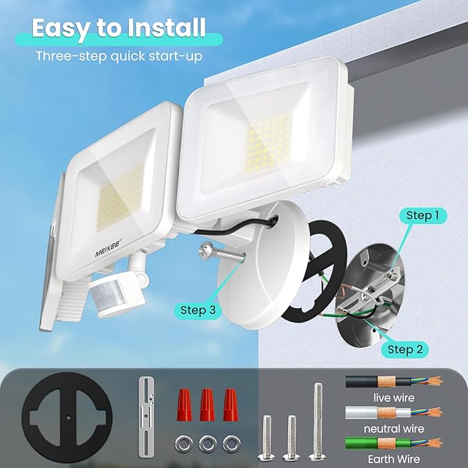 MEIKEE 100W Motion Sensor Flood Lights Outdoor, 9600lm 6500K LED Sensor Security Lights, IP66 Waterproof, 3 Adjustable Heads Motion Detected Flood Lighting for Garage, Yard, Porch